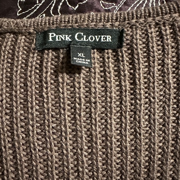 Sweater cardigan with pockets. Color is a purplish brown with white stripes. - Picture 3 of 3
